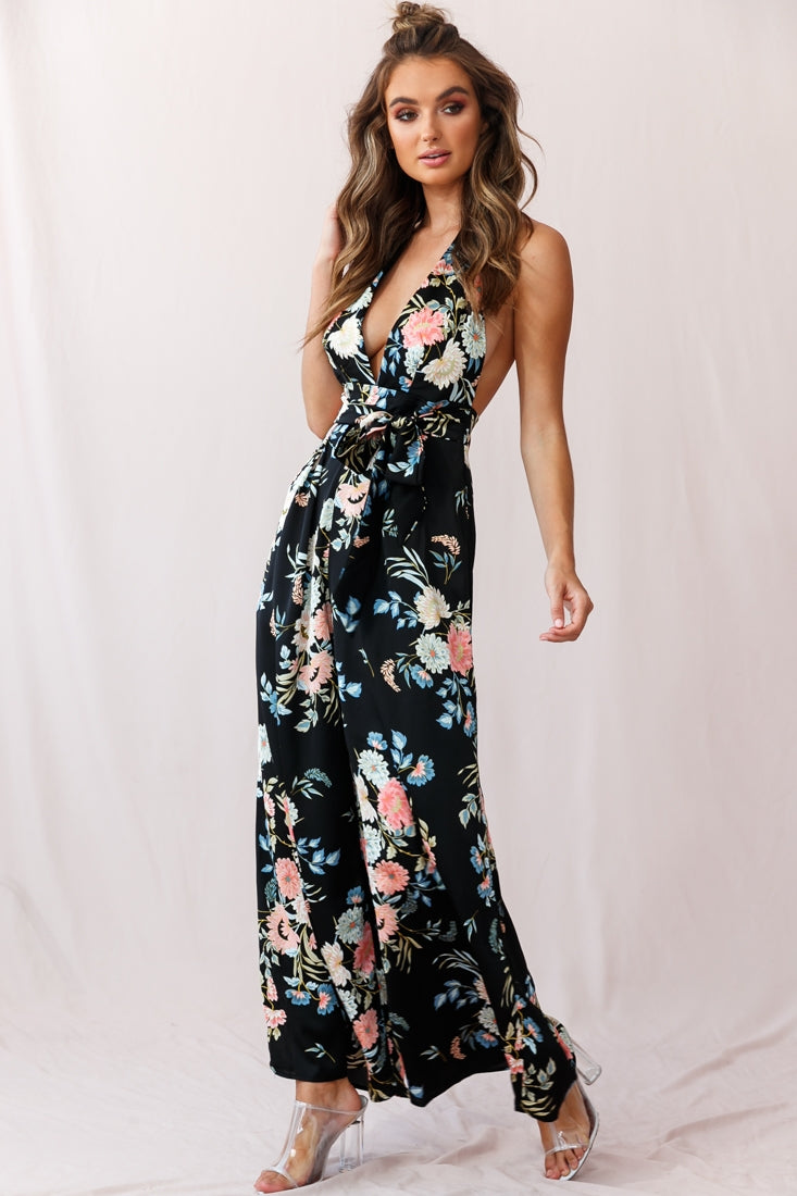 Make Me Halterneck Low Back Jumpsuit Floral Print Black-Maymioy