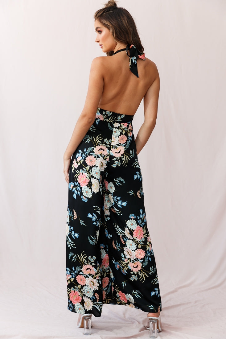 Make Me Halterneck Low Back Jumpsuit Floral Print Black-Maymioy