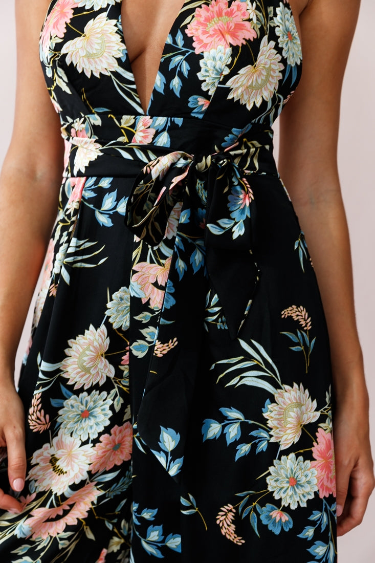 Make Me Halterneck Low Back Jumpsuit Floral Print Black-Maymioy