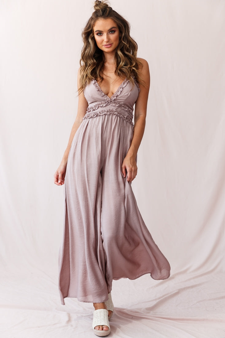 Laney Wide Leg Ruffle Detail Jumpsuit Mocha-Maymioy