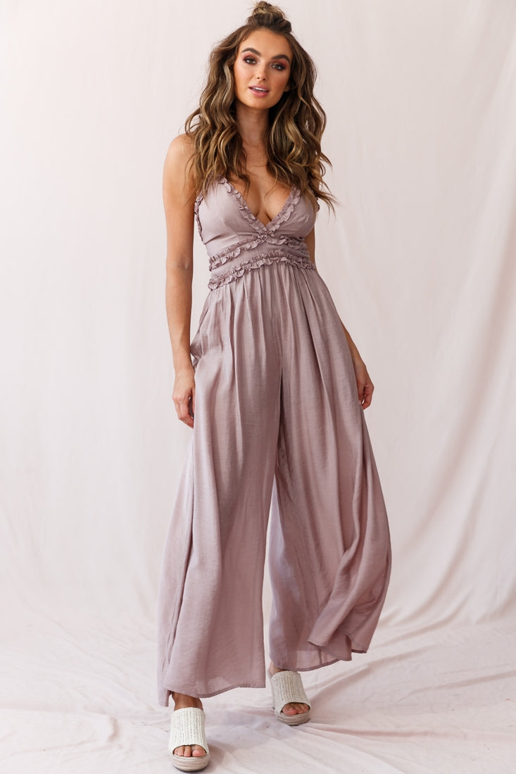 Laney Wide Leg Ruffle Detail Jumpsuit Mocha-Maymioy