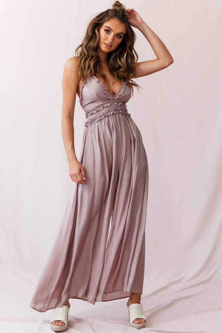 Laney Wide Leg Ruffle Detail Jumpsuit Mocha-Maymioy