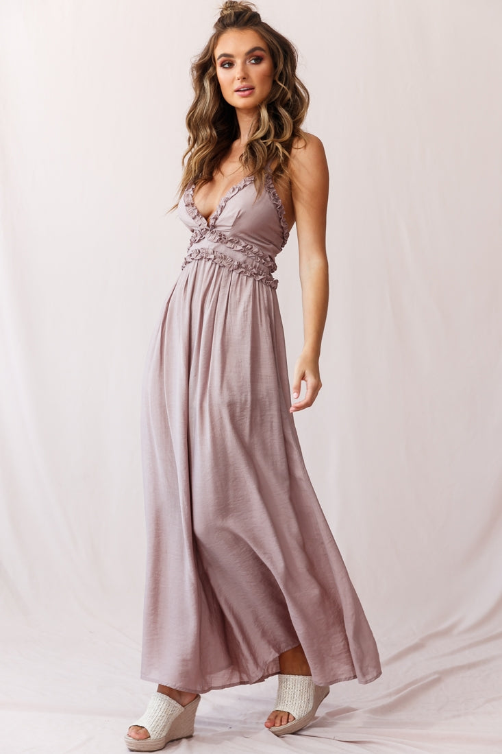 Laney Wide Leg Ruffle Detail Jumpsuit Mocha-Maymioy