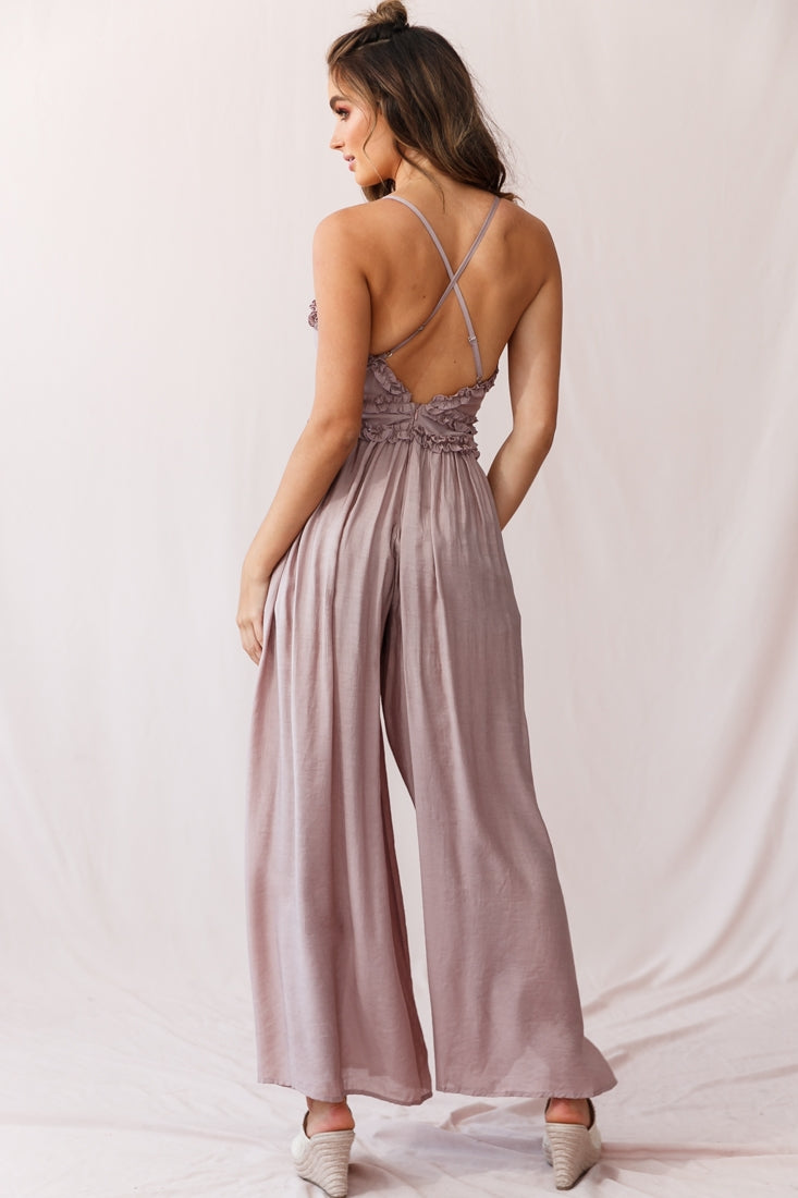 Laney Wide Leg Ruffle Detail Jumpsuit Mocha-Maymioy
