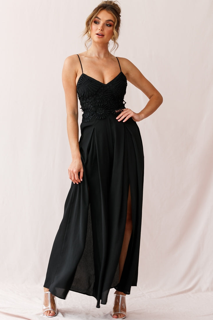 Ada Applique Embroidery Bust Wide Leg Jumpsuit Black-Maymioy