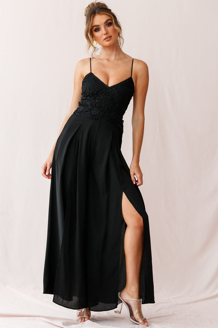 Ada Applique Embroidery Bust Wide Leg Jumpsuit Black-Maymioy