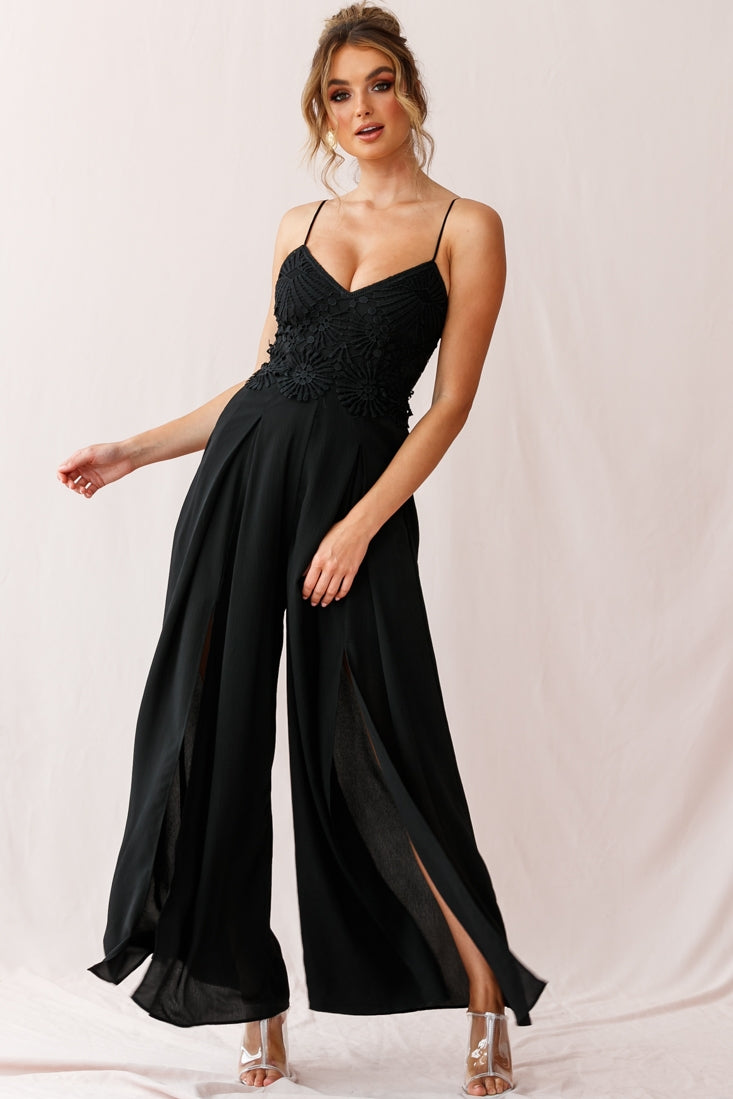 Ada Applique Embroidery Bust Wide Leg Jumpsuit Black-Maymioy