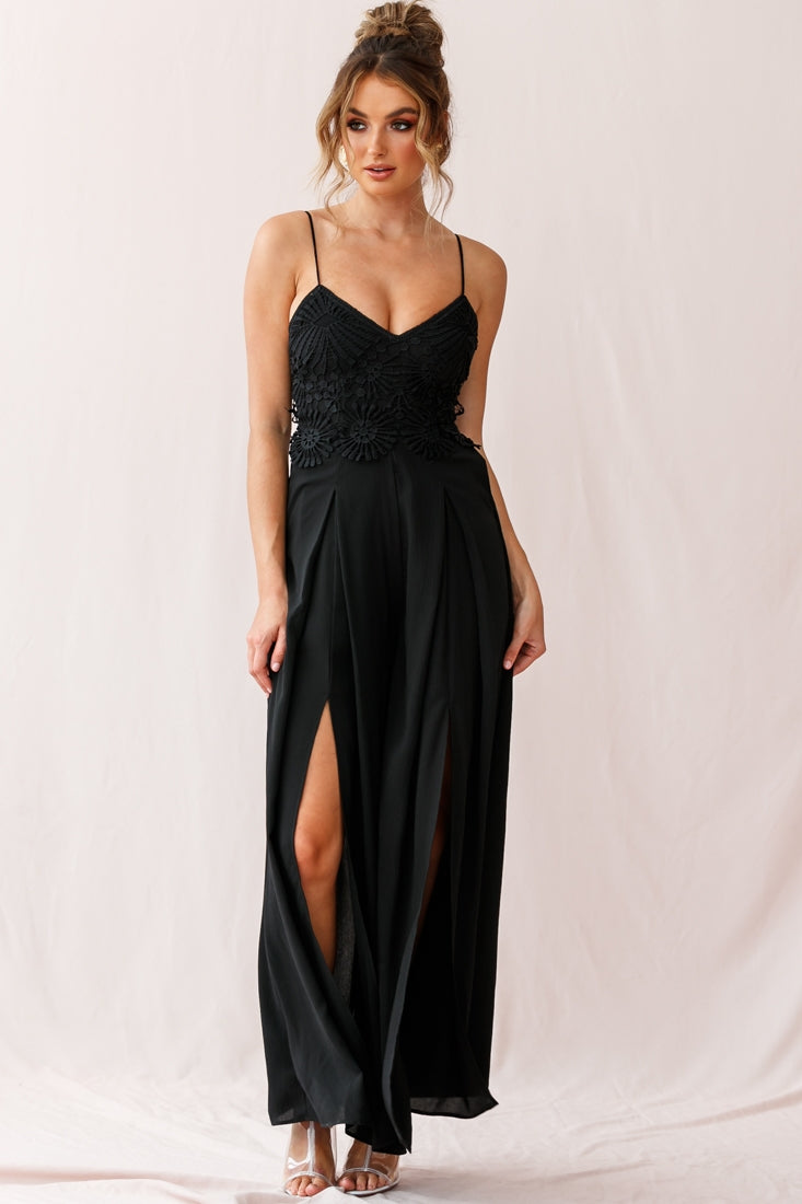 Ada Applique Embroidery Bust Wide Leg Jumpsuit Black-Maymioy