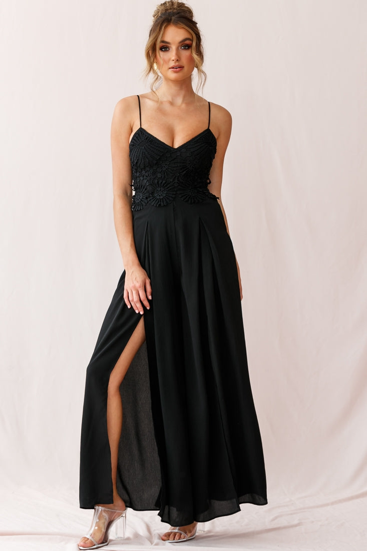 Ada Applique Embroidery Bust Wide Leg Jumpsuit Black-Maymioy