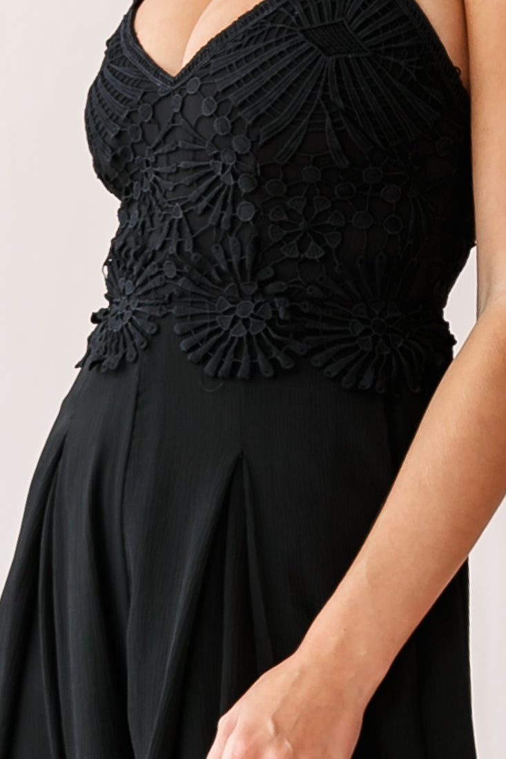 Ada Applique Embroidery Bust Wide Leg Jumpsuit Black-Maymioy