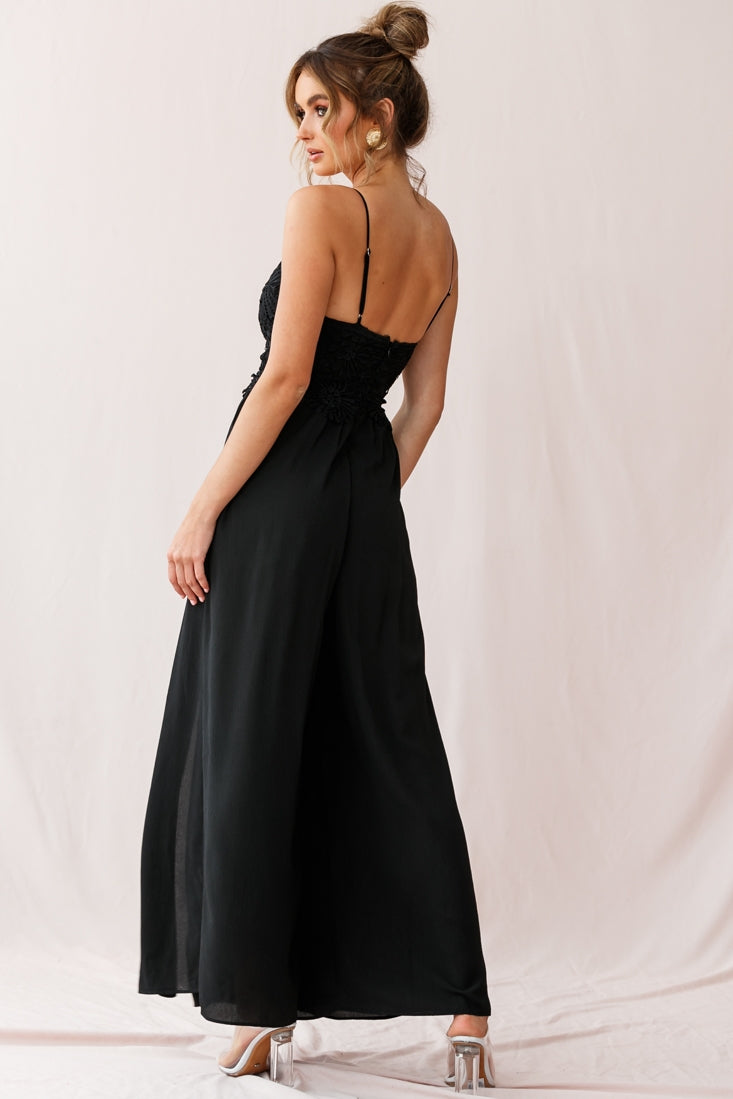 Ada Applique Embroidery Bust Wide Leg Jumpsuit Black-Maymioy