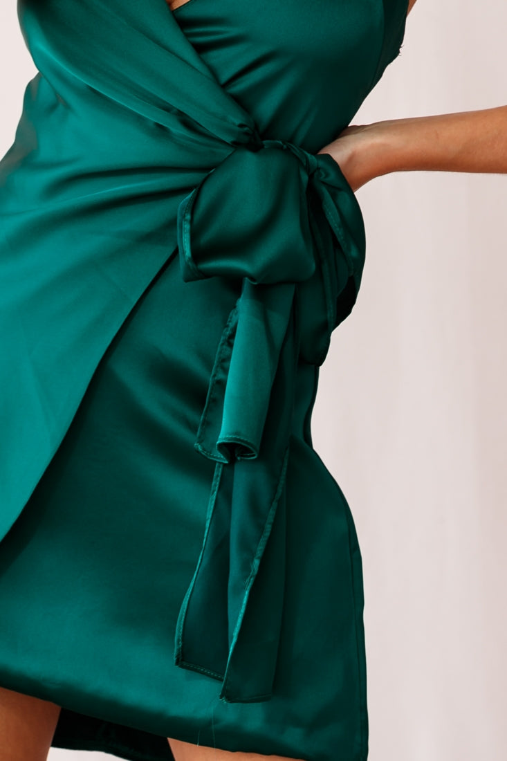 Ireland Silky Faux Wrap Dress Forest Green-Maymioy