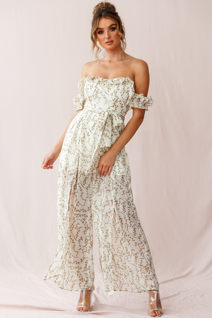 Jazz Bardot Neckline Wide Leg Split Jumpsuit Floral Print White-Maymioy