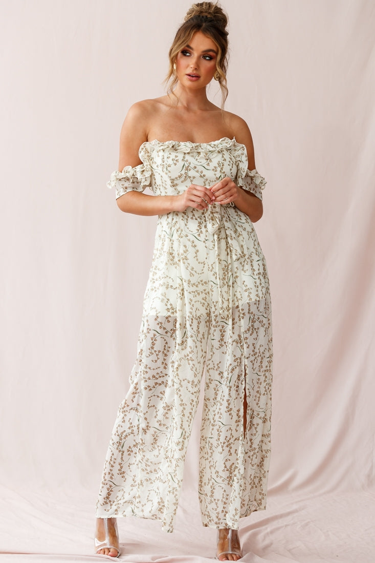 Jazz Bardot Neckline Wide Leg Split Jumpsuit Floral Print White-Maymioy