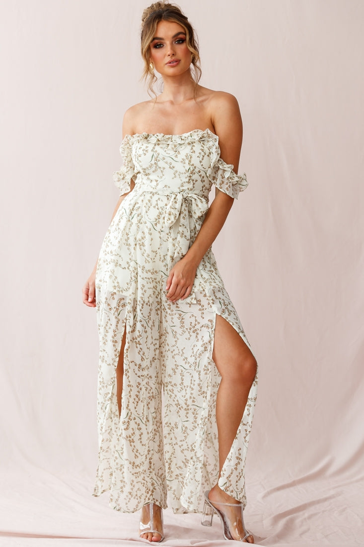 Jazz Bardot Neckline Wide Leg Split Jumpsuit Floral Print White-Maymioy