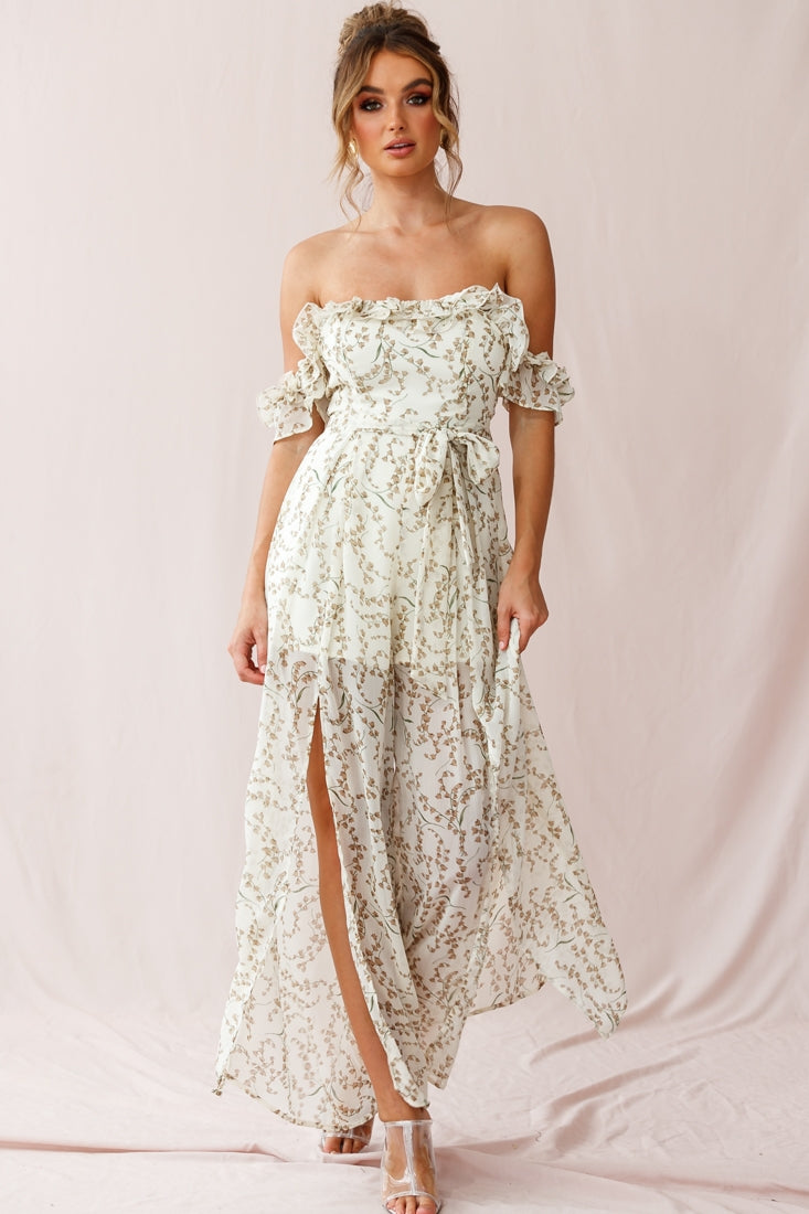 Jazz Bardot Neckline Wide Leg Split Jumpsuit Floral Print White-Maymioy