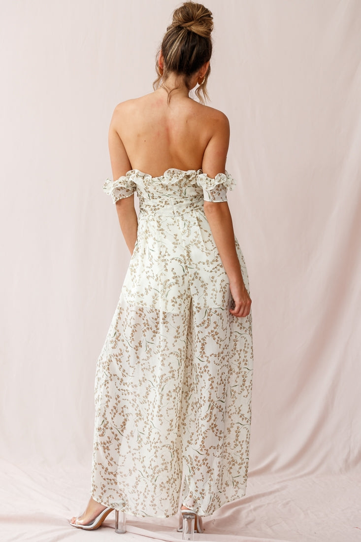 Jazz Bardot Neckline Wide Leg Split Jumpsuit Floral Print White-Maymioy
