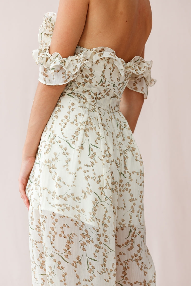 Jazz Bardot Neckline Wide Leg Split Jumpsuit Floral Print White-Maymioy
