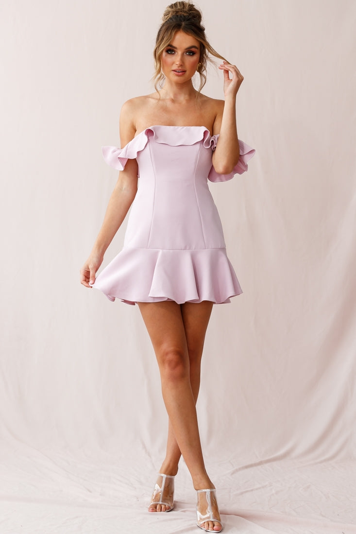 Ondine Bardot Neckline Fluted Hem Dress Mauve-Maymioy