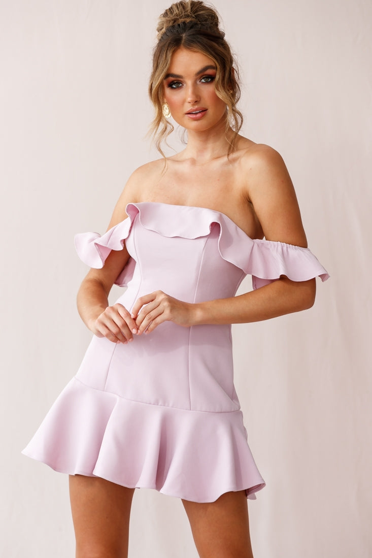 Ondine Bardot Neckline Fluted Hem Dress Mauve-Maymioy