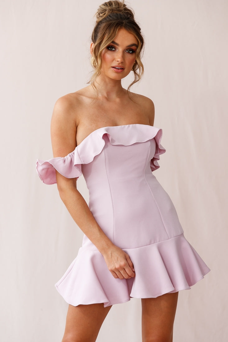 Ondine Bardot Neckline Fluted Hem Dress Mauve-Maymioy