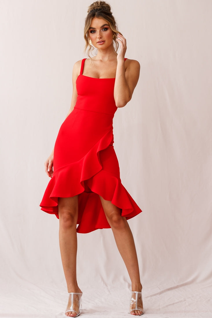 Cartagena High-Low Asymmetric Salsa Dress Red-Maymioy