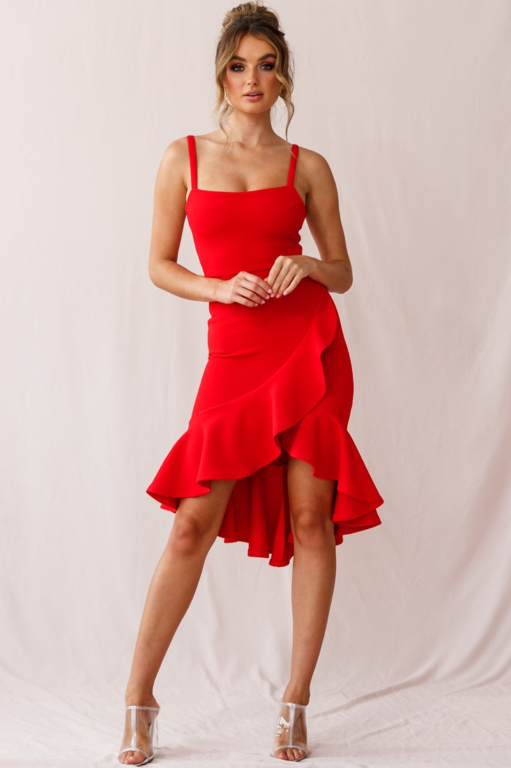 Cartagena High-Low Asymmetric Salsa Dress Red-Maymioy
