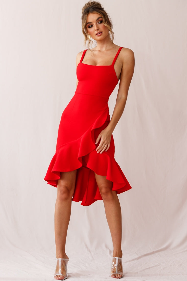 Cartagena High-Low Asymmetric Salsa Dress Red-Maymioy