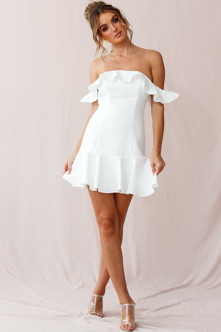 Ondine Bardot Neckline Fluted Hem Dress White-Maymioy
