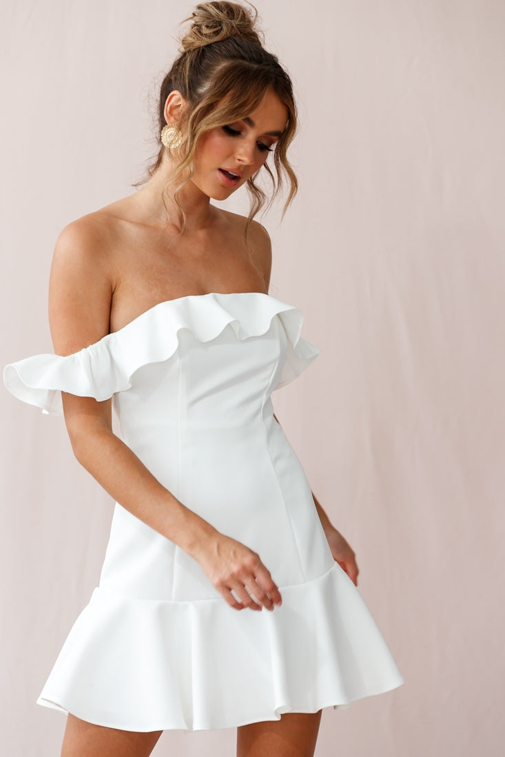 Ondine Bardot Neckline Fluted Hem Dress White-Maymioy