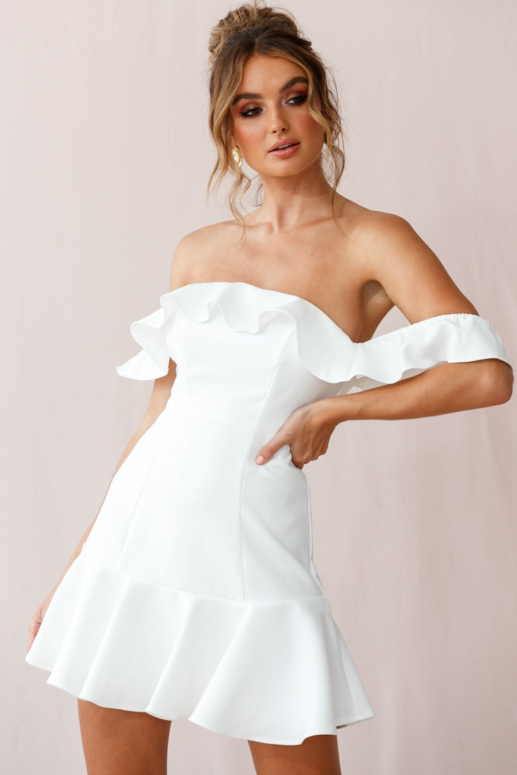 Ondine Bardot Neckline Fluted Hem Dress White-Maymioy