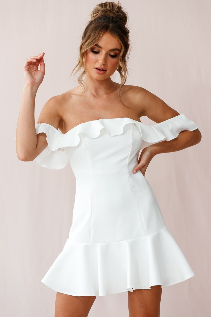 Ondine Bardot Neckline Fluted Hem Dress White-Maymioy