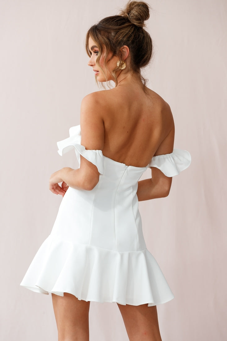 Ondine Bardot Neckline Fluted Hem Dress White-Maymioy