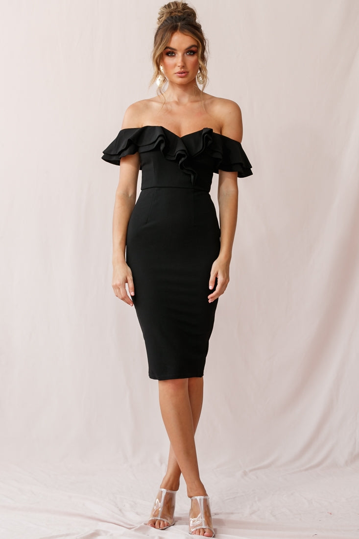 Rossi Ruffled Off The Shoulder Bodycon Dress Black-Maymioy