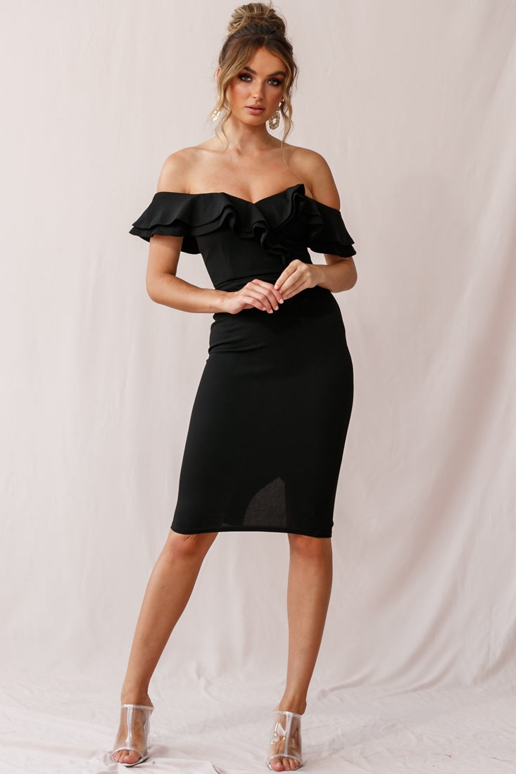 Rossi Ruffled Off The Shoulder Bodycon Dress Black-Maymioy