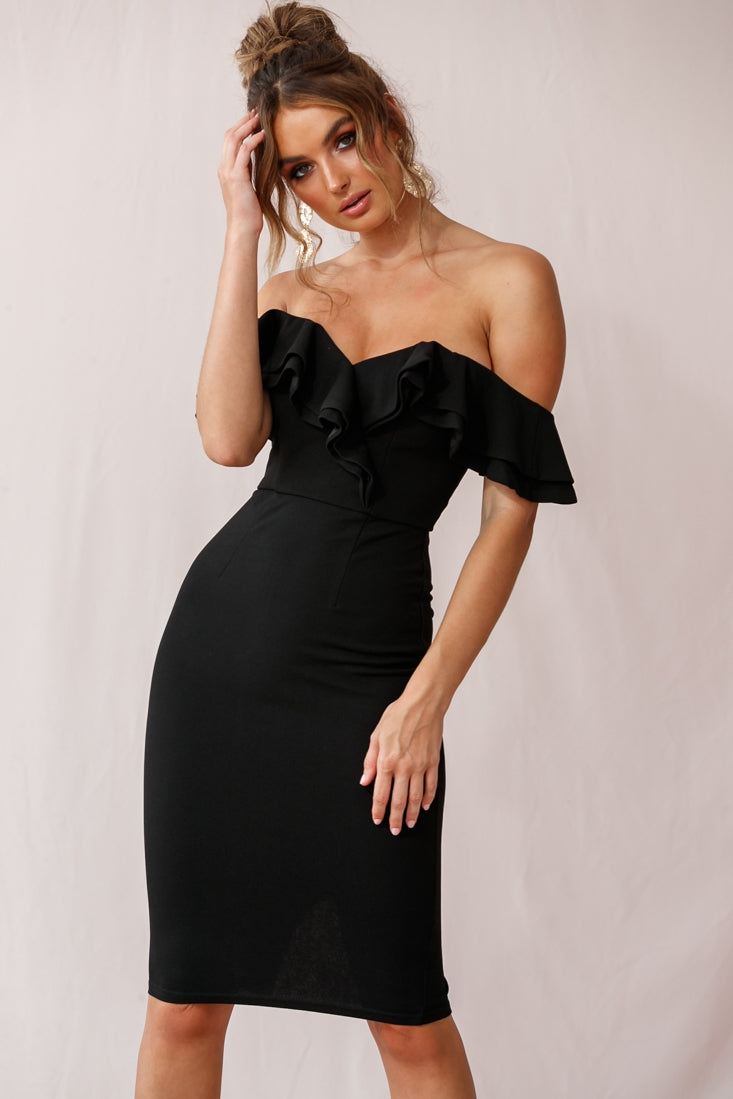 Rossi Ruffled Off The Shoulder Bodycon Dress Black-Maymioy