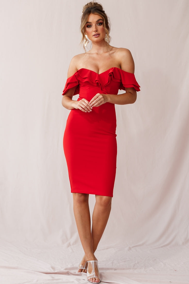 Rossi Ruffled Off The Shoulder Bodycon Dress Red-Maymioy