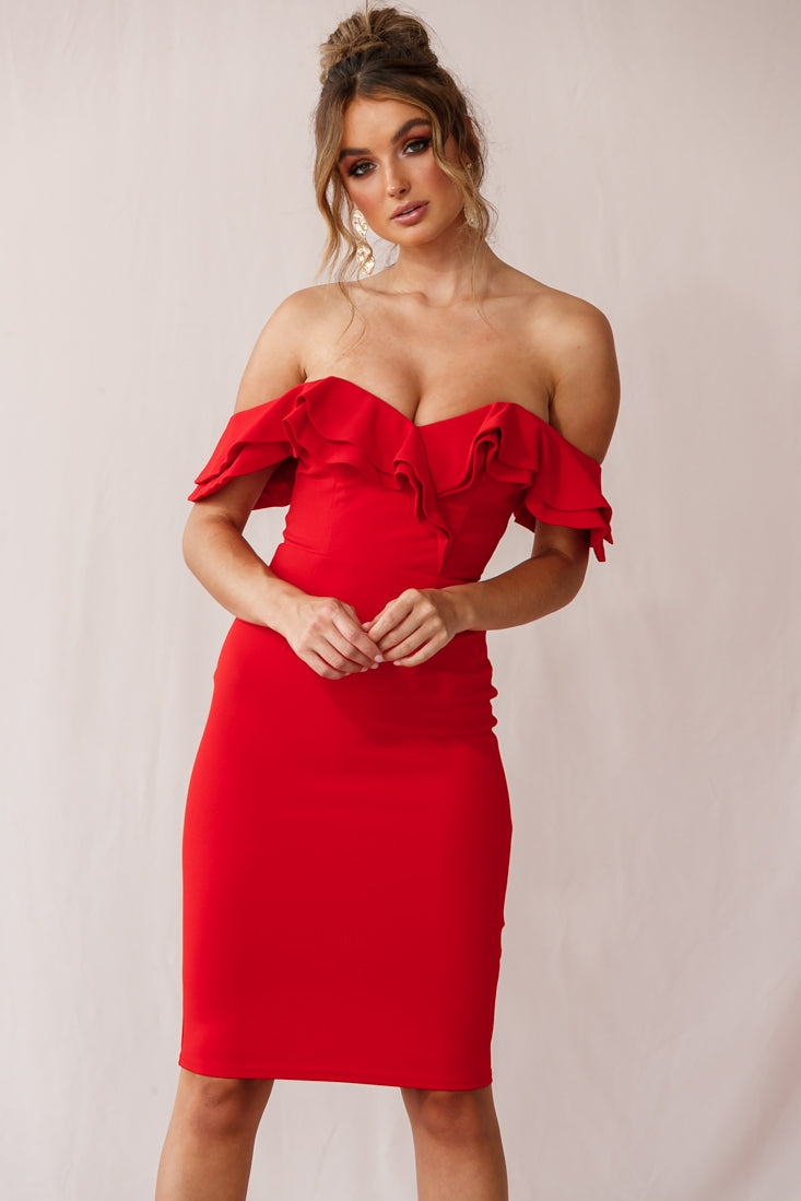 Rossi Ruffled Off The Shoulder Bodycon Dress Red-Maymioy