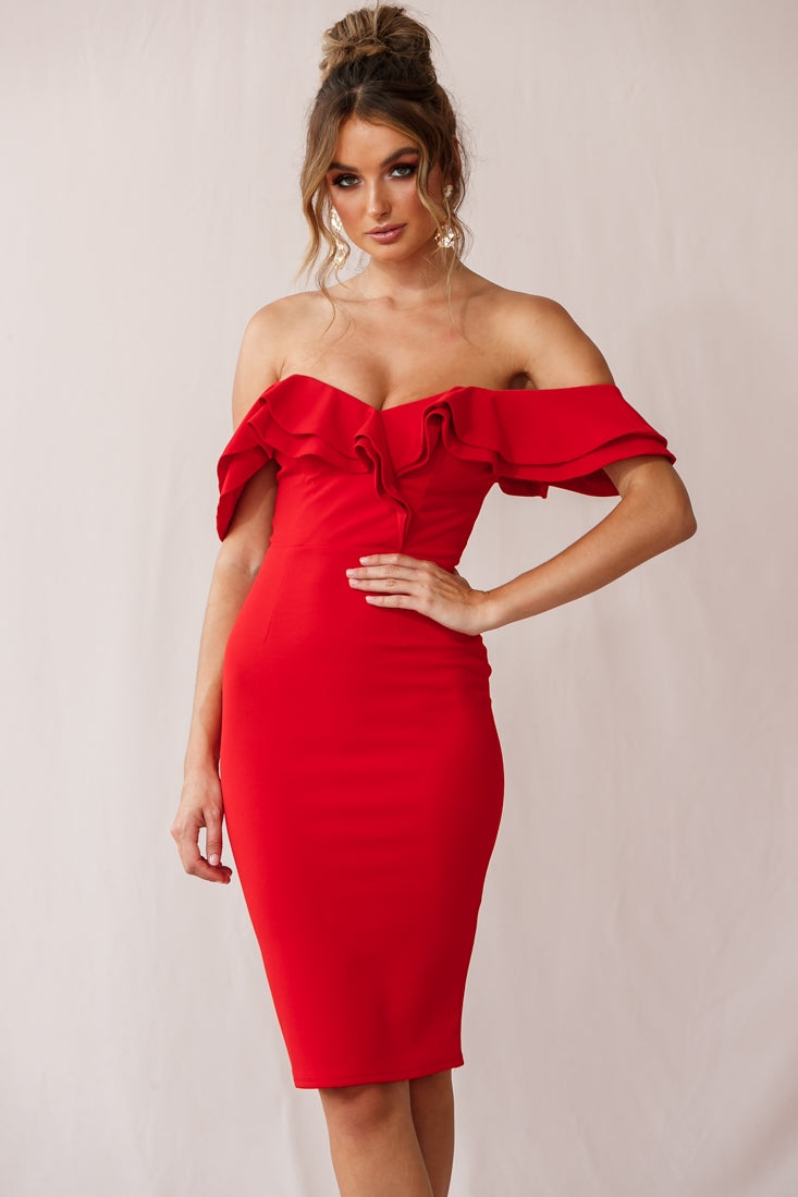 Rossi Ruffled Off The Shoulder Bodycon Dress Red-Maymioy