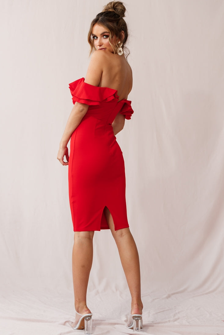 Rossi Ruffled Off The Shoulder Bodycon Dress Red-Maymioy
