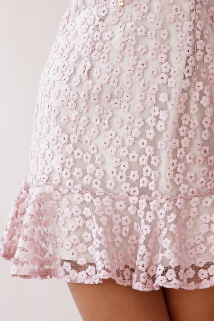 Ezra Eyelet Embroidery Ruffle Neckline Dress Blush-Maymioy