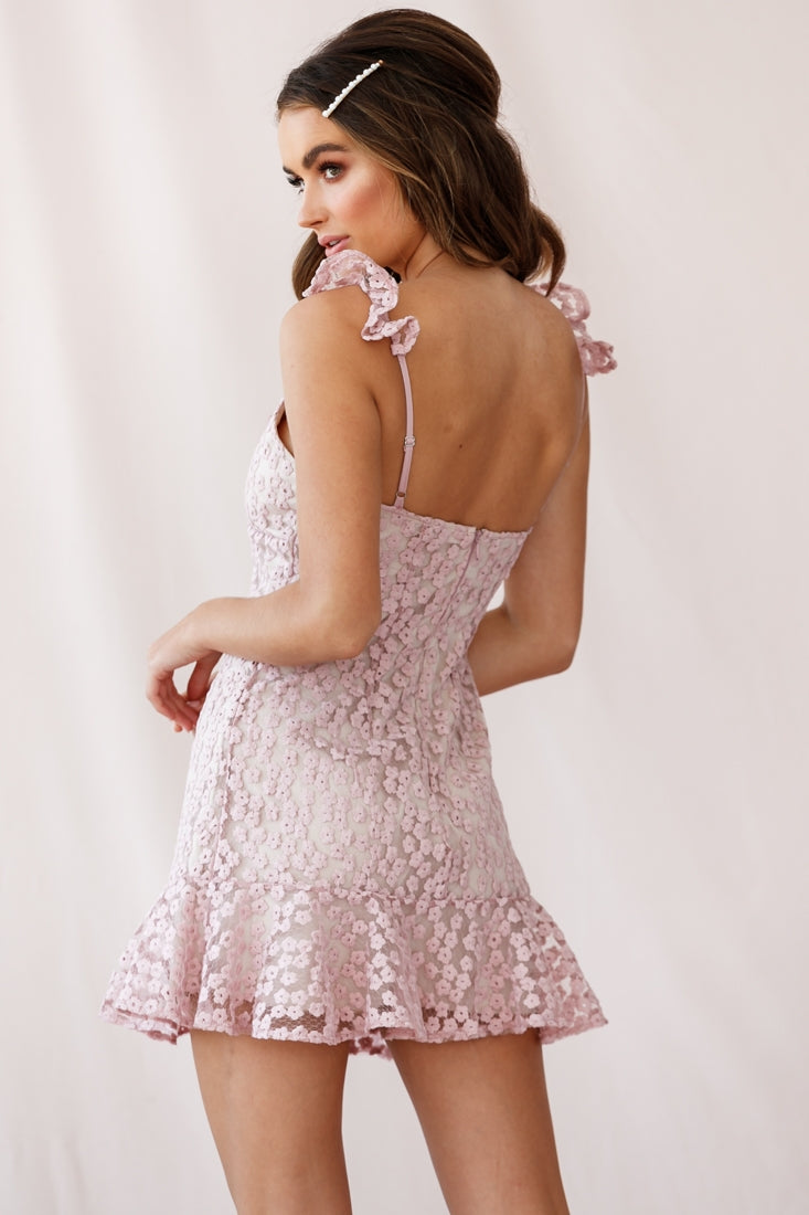 Ezra Eyelet Embroidery Ruffle Neckline Dress Blush-Maymioy