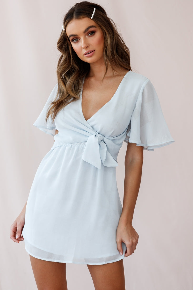 Stealing Hearts Flutter Sleeve Wrap Front Dress Blue-Maymioy