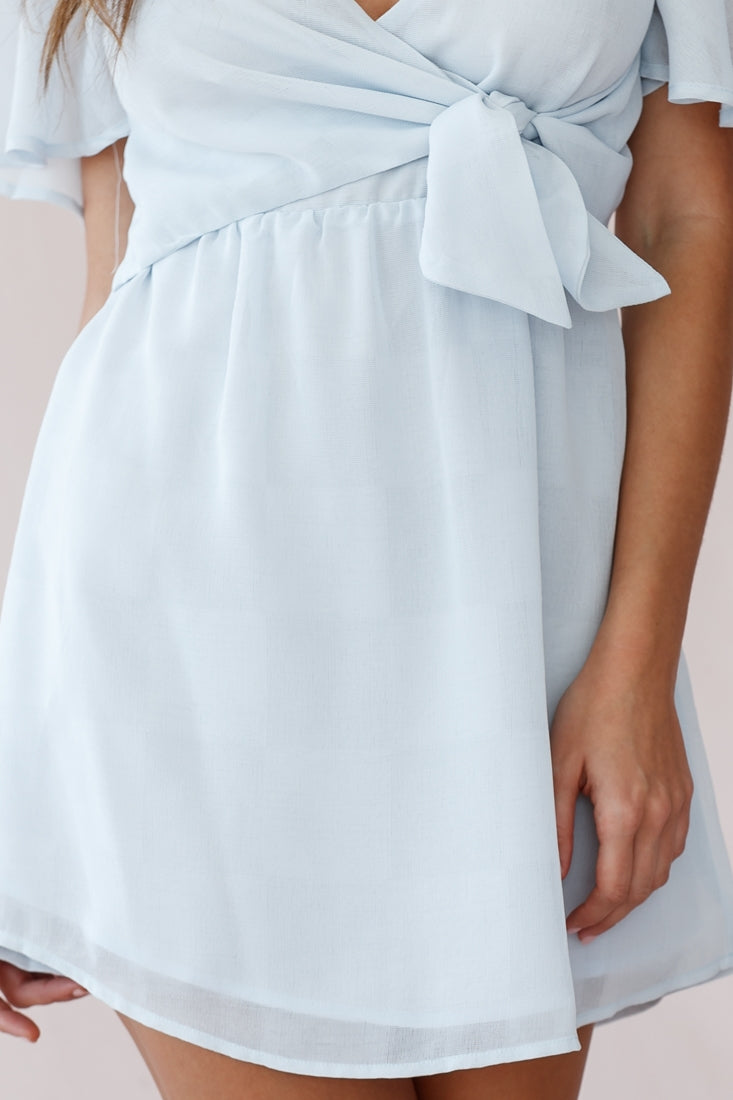 Stealing Hearts Flutter Sleeve Wrap Front Dress Blue-Maymioy