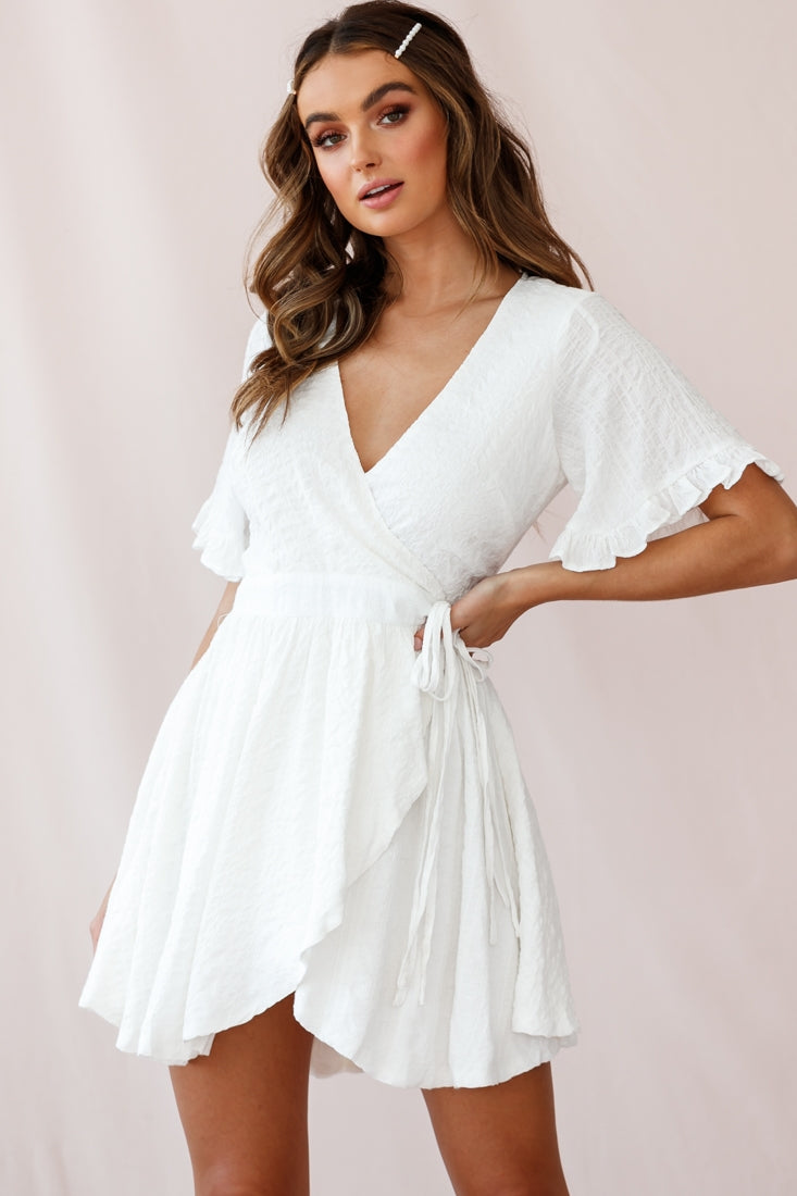 Cara Frill Trim Wrap Dress White-Maymioy