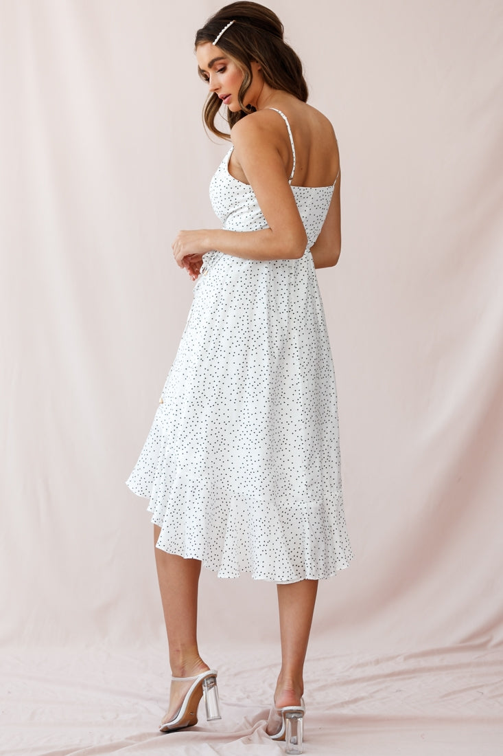 Blessed Wrap Ruffle Hem Midi Dress Dot Print White-Maymioy