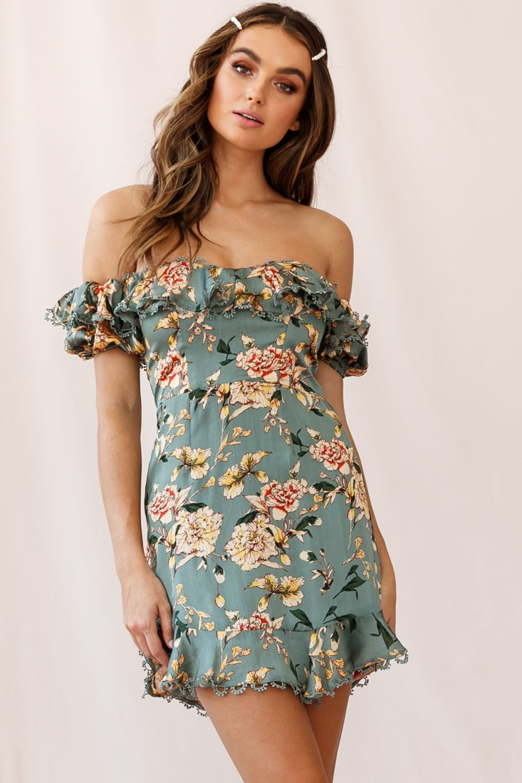 Bobby Bardot Neckline Puff Sleeve Dress Olive-Maymioy