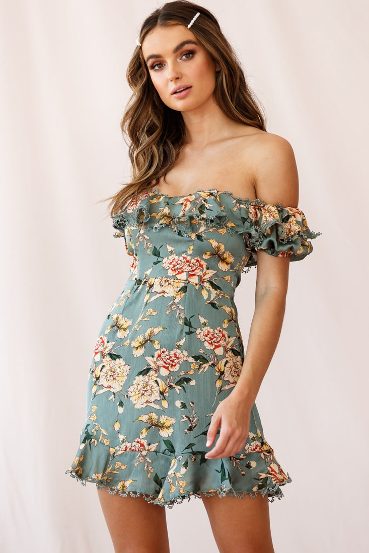 Bobby Bardot Neckline Puff Sleeve Dress Olive-Maymioy