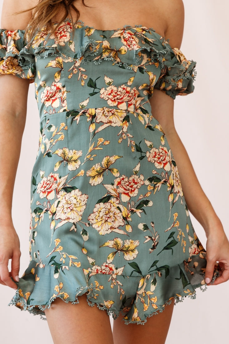 Bobby Bardot Neckline Puff Sleeve Dress Olive-Maymioy