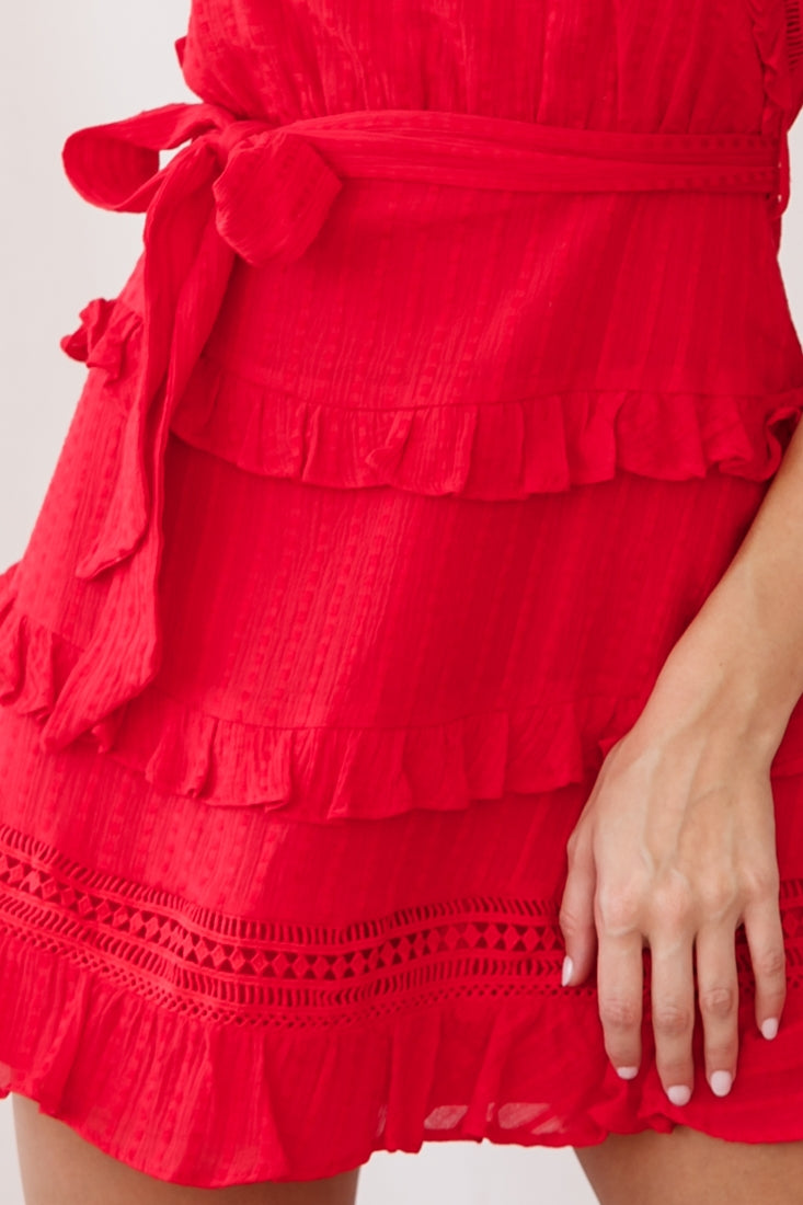 Olga Tiered Frill Detail Waist Tie Dress Red-Maymioy